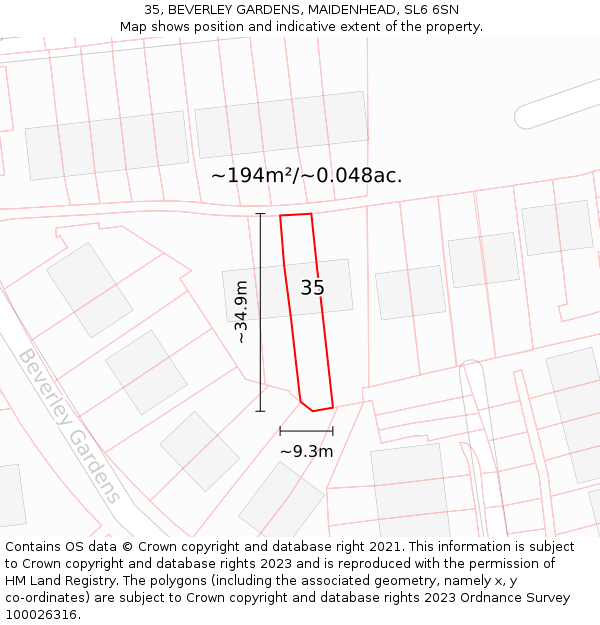35, BEVERLEY GARDENS, MAIDENHEAD, SL6 6SN: Plot and title map
