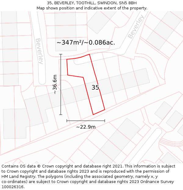 35, BEVERLEY, TOOTHILL, SWINDON, SN5 8BH: Plot and title map