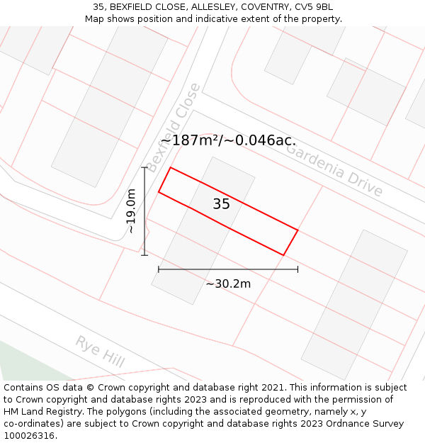 35, BEXFIELD CLOSE, ALLESLEY, COVENTRY, CV5 9BL: Plot and title map