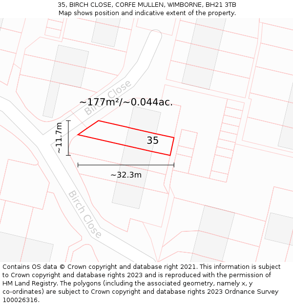 35, BIRCH CLOSE, CORFE MULLEN, WIMBORNE, BH21 3TB: Plot and title map