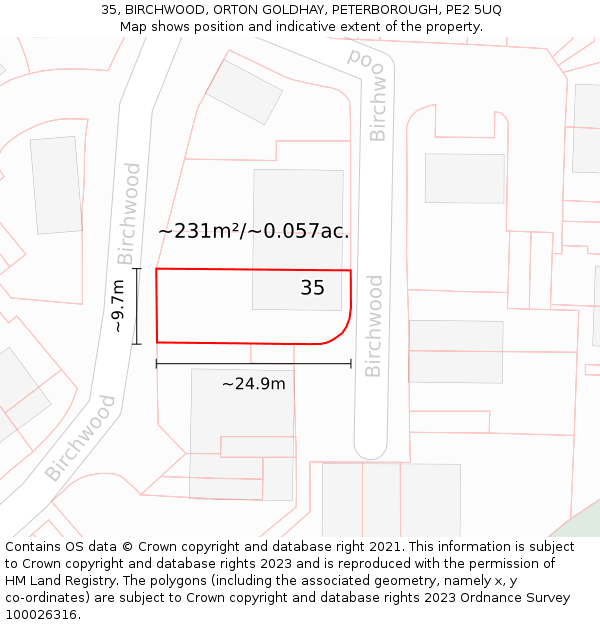35, BIRCHWOOD, ORTON GOLDHAY, PETERBOROUGH, PE2 5UQ: Plot and title map