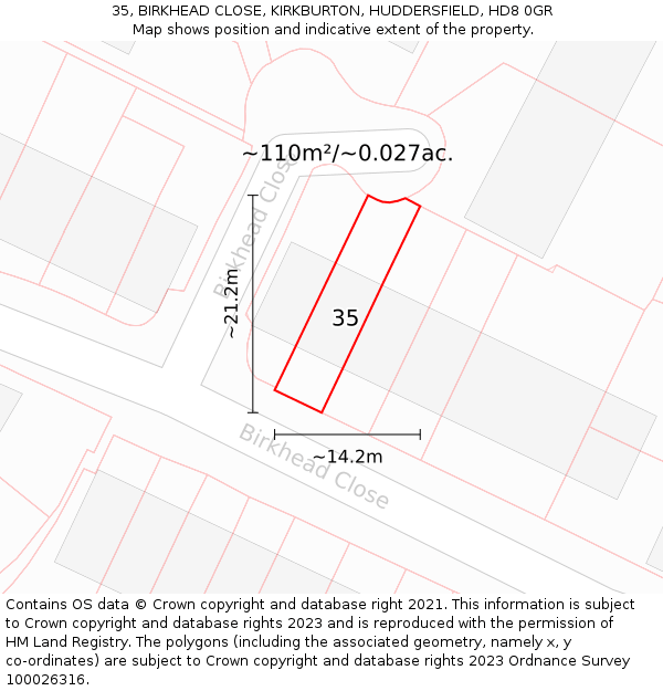 35, BIRKHEAD CLOSE, KIRKBURTON, HUDDERSFIELD, HD8 0GR: Plot and title map