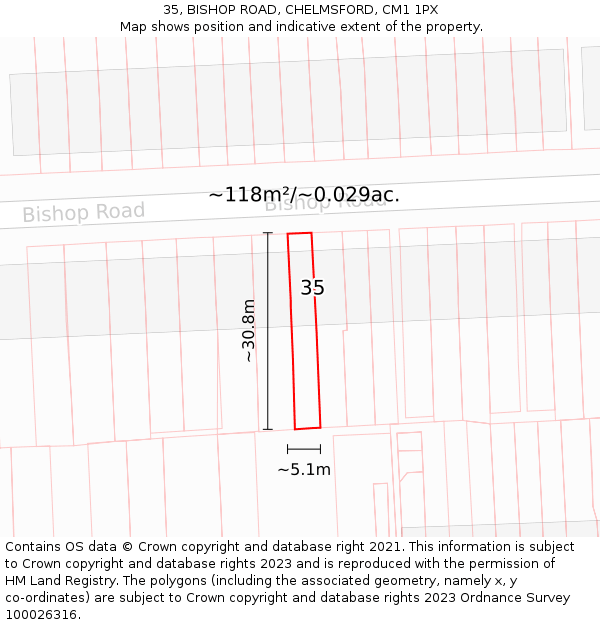 35, BISHOP ROAD, CHELMSFORD, CM1 1PX: Plot and title map