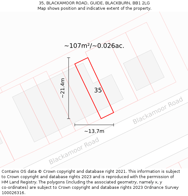 35, BLACKAMOOR ROAD, GUIDE, BLACKBURN, BB1 2LG: Plot and title map
