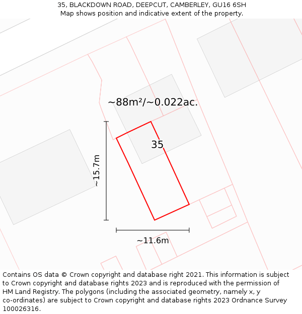 35, BLACKDOWN ROAD, DEEPCUT, CAMBERLEY, GU16 6SH: Plot and title map