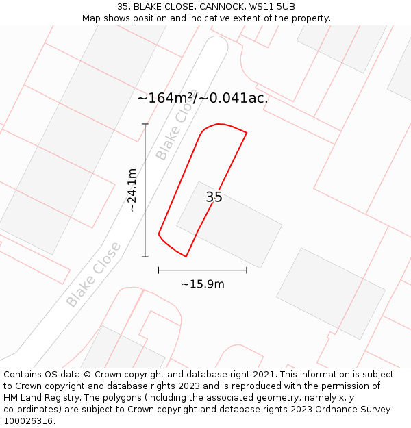 35, BLAKE CLOSE, CANNOCK, WS11 5UB: Plot and title map