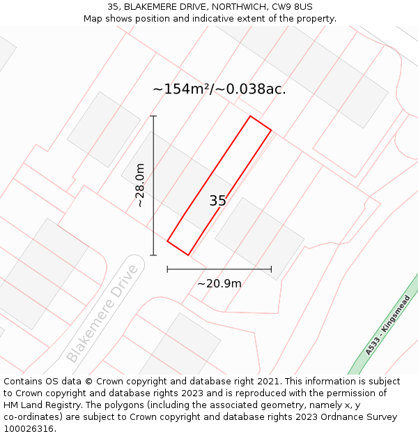 35, BLAKEMERE DRIVE, NORTHWICH, CW9 8US: Plot and title map