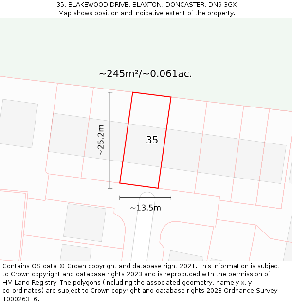 35, BLAKEWOOD DRIVE, BLAXTON, DONCASTER, DN9 3GX: Plot and title map