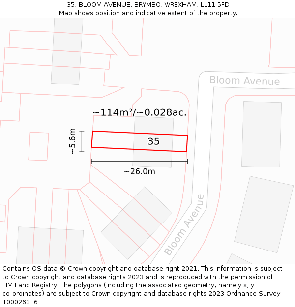 35, BLOOM AVENUE, BRYMBO, WREXHAM, LL11 5FD: Plot and title map