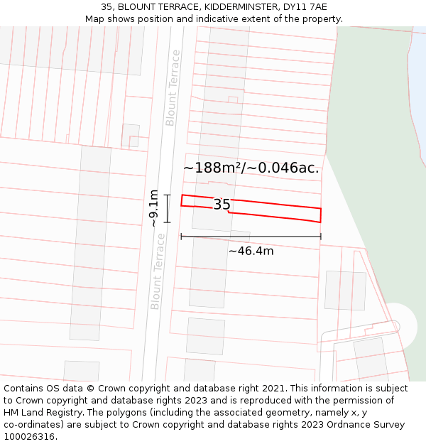 35, BLOUNT TERRACE, KIDDERMINSTER, DY11 7AE: Plot and title map