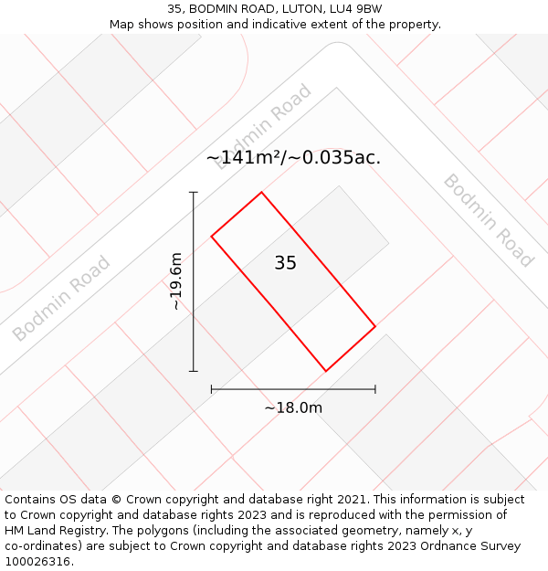 35, BODMIN ROAD, LUTON, LU4 9BW: Plot and title map