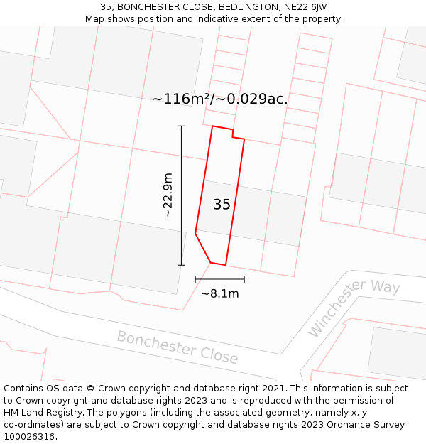 35, BONCHESTER CLOSE, BEDLINGTON, NE22 6JW: Plot and title map