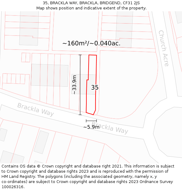 35, BRACKLA WAY, BRACKLA, BRIDGEND, CF31 2JS: Plot and title map