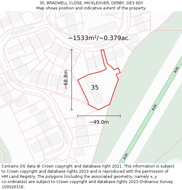 35, BRADWELL CLOSE, MICKLEOVER, DERBY, DE3 9DY: Plot and title map