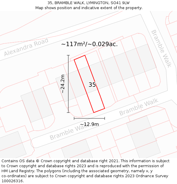 35, BRAMBLE WALK, LYMINGTON, SO41 9LW: Plot and title map