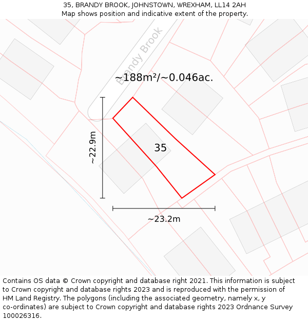 35, BRANDY BROOK, JOHNSTOWN, WREXHAM, LL14 2AH: Plot and title map