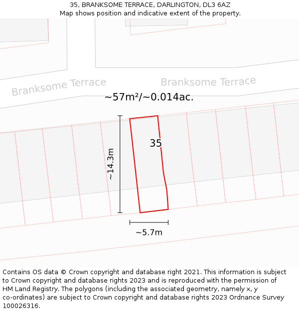 35, BRANKSOME TERRACE, DARLINGTON, DL3 6AZ: Plot and title map