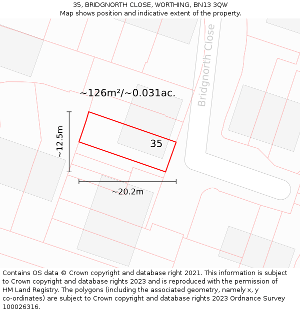 35, BRIDGNORTH CLOSE, WORTHING, BN13 3QW: Plot and title map