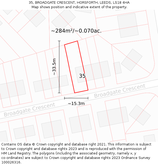 35, BROADGATE CRESCENT, HORSFORTH, LEEDS, LS18 4HA: Plot and title map