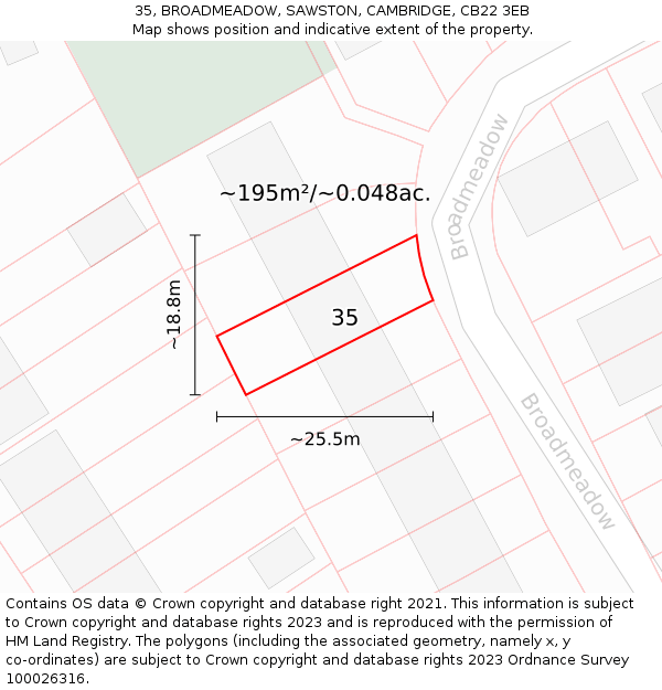 35, BROADMEADOW, SAWSTON, CAMBRIDGE, CB22 3EB: Plot and title map