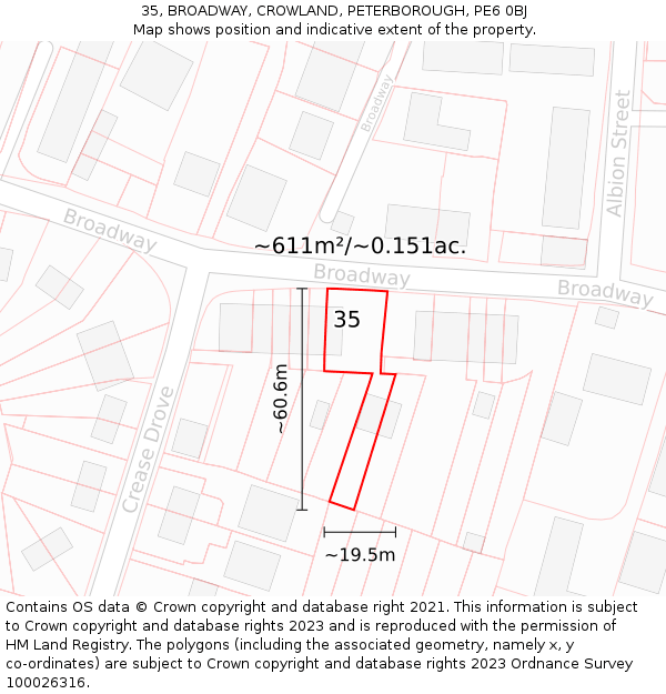 35, BROADWAY, CROWLAND, PETERBOROUGH, PE6 0BJ: Plot and title map