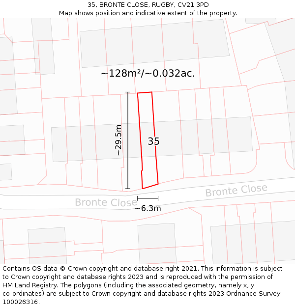 35, BRONTE CLOSE, RUGBY, CV21 3PD: Plot and title map