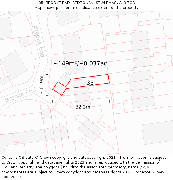 35, BROOKE END, REDBOURN, ST ALBANS, AL3 7GD: Plot and title map
