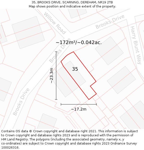 35, BROOKS DRIVE, SCARNING, DEREHAM, NR19 2TB: Plot and title map
