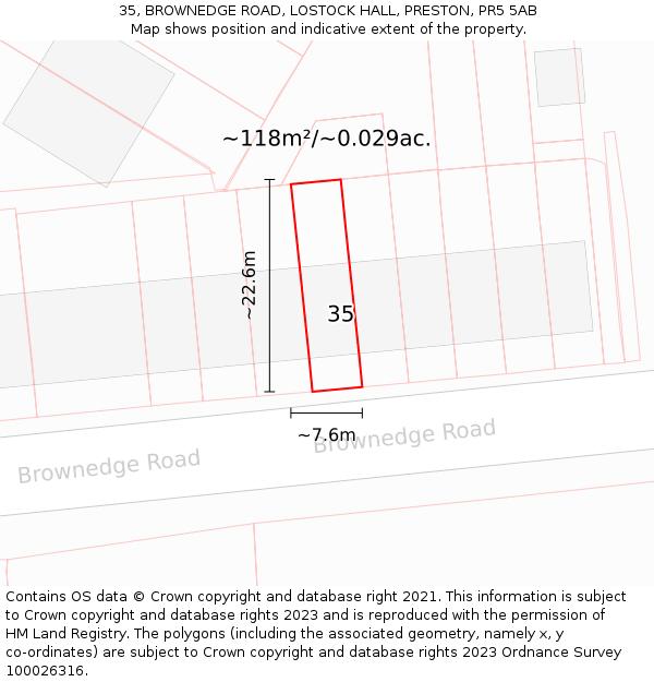 35, BROWNEDGE ROAD, LOSTOCK HALL, PRESTON, PR5 5AB: Plot and title map