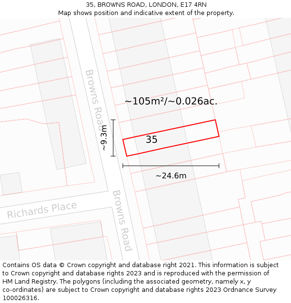 35, BROWNS ROAD, LONDON, E17 4RN: Plot and title map