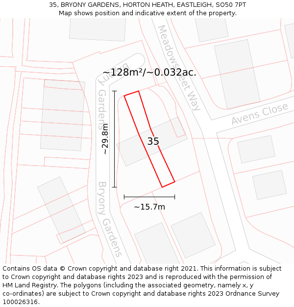 35, BRYONY GARDENS, HORTON HEATH, EASTLEIGH, SO50 7PT: Plot and title map