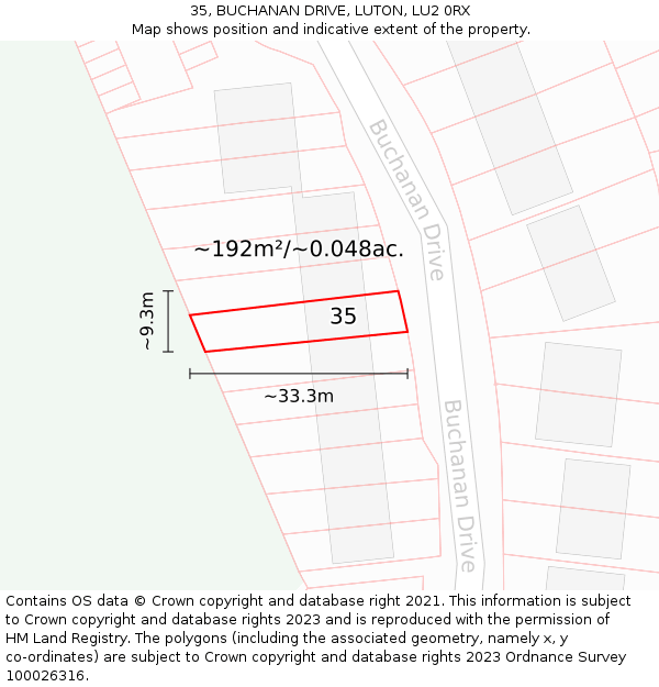 35, BUCHANAN DRIVE, LUTON, LU2 0RX: Plot and title map