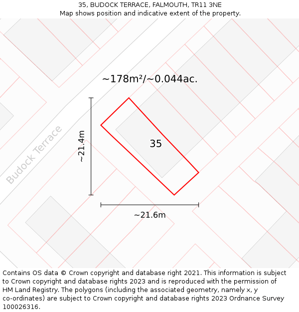 35, BUDOCK TERRACE, FALMOUTH, TR11 3NE: Plot and title map