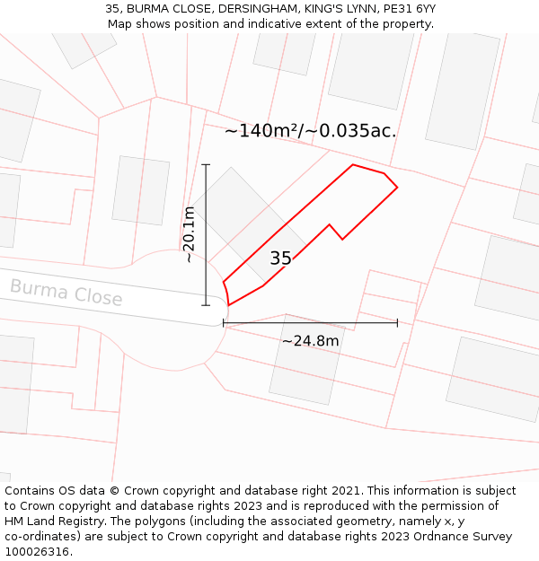 35, BURMA CLOSE, DERSINGHAM, KING'S LYNN, PE31 6YY: Plot and title map