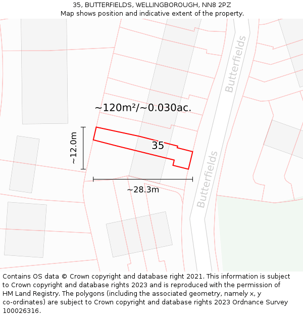 35, BUTTERFIELDS, WELLINGBOROUGH, NN8 2PZ: Plot and title map