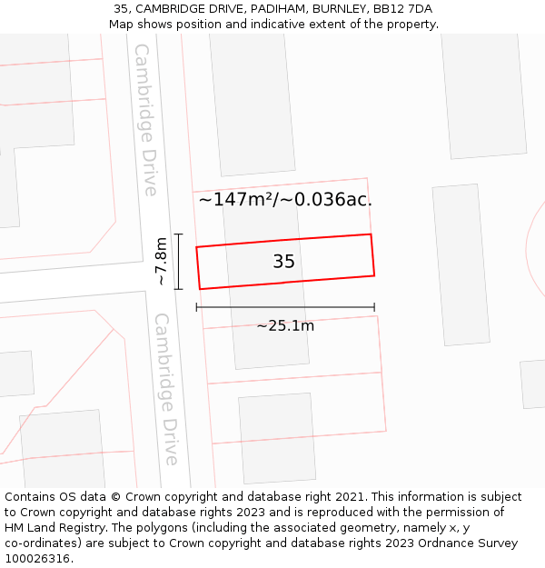 35, CAMBRIDGE DRIVE, PADIHAM, BURNLEY, BB12 7DA: Plot and title map