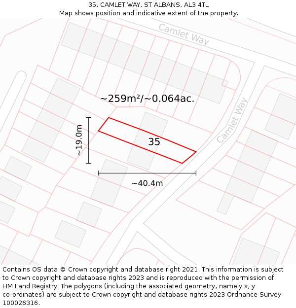 35, CAMLET WAY, ST ALBANS, AL3 4TL: Plot and title map
