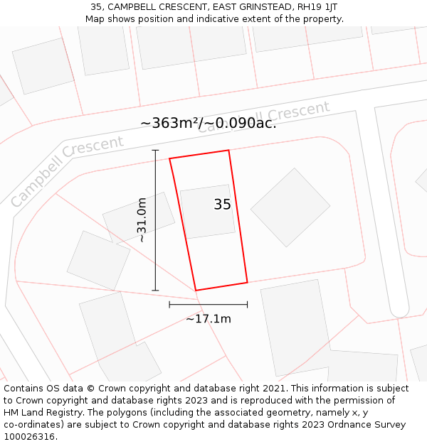 35, CAMPBELL CRESCENT, EAST GRINSTEAD, RH19 1JT: Plot and title map