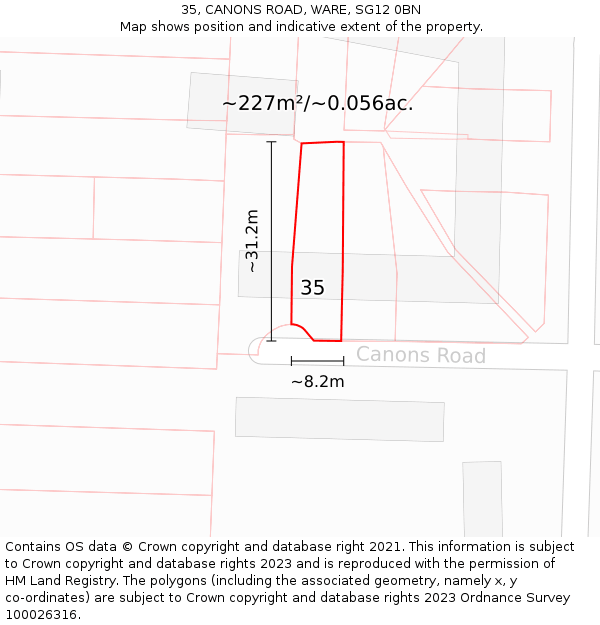 35, CANONS ROAD, WARE, SG12 0BN: Plot and title map