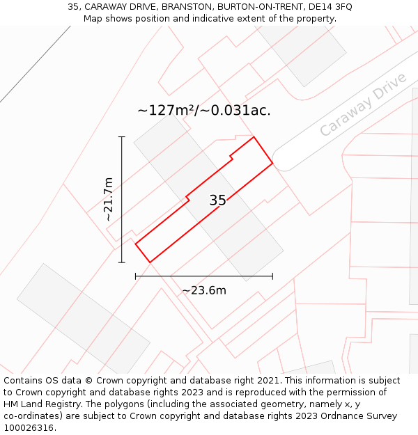 35, CARAWAY DRIVE, BRANSTON, BURTON-ON-TRENT, DE14 3FQ: Plot and title map