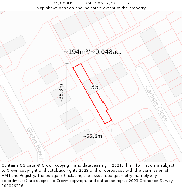 35, CARLISLE CLOSE, SANDY, SG19 1TY: Plot and title map
