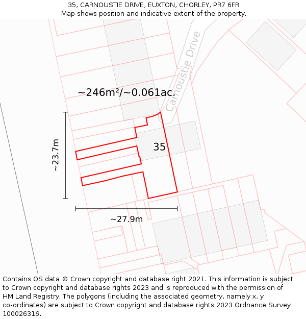 35, CARNOUSTIE DRIVE, EUXTON, CHORLEY, PR7 6FR: Plot and title map