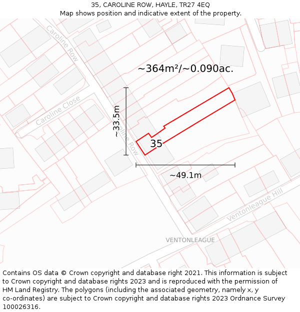 35, CAROLINE ROW, HAYLE, TR27 4EQ: Plot and title map
