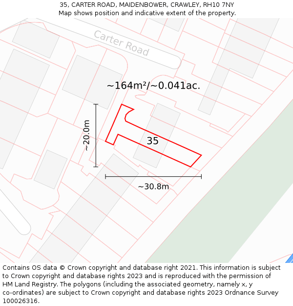 35, CARTER ROAD, MAIDENBOWER, CRAWLEY, RH10 7NY: Plot and title map