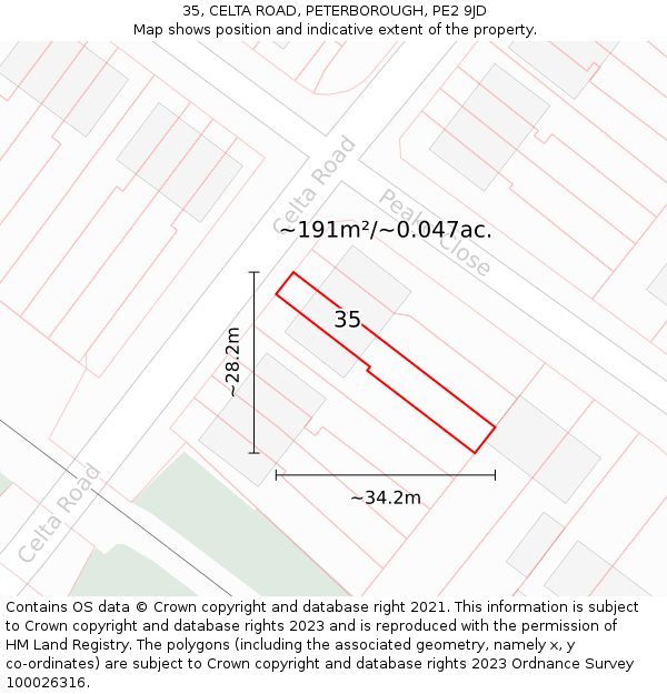 35, CELTA ROAD, PETERBOROUGH, PE2 9JD: Plot and title map