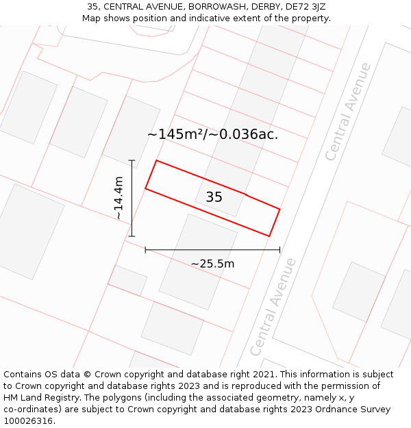 35, CENTRAL AVENUE, BORROWASH, DERBY, DE72 3JZ: Plot and title map