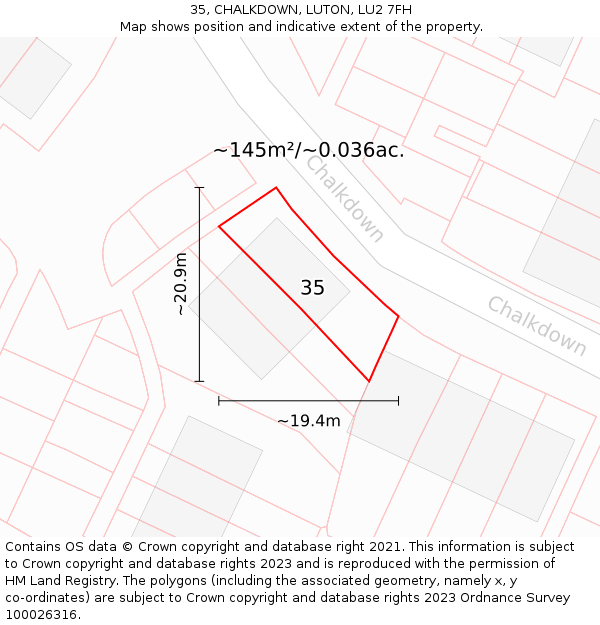 35, CHALKDOWN, LUTON, LU2 7FH: Plot and title map