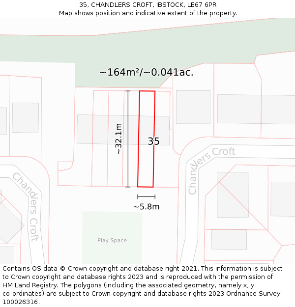 35, CHANDLERS CROFT, IBSTOCK, LE67 6PR: Plot and title map