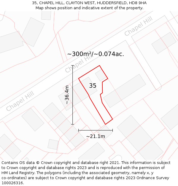 35, CHAPEL HILL, CLAYTON WEST, HUDDERSFIELD, HD8 9HA: Plot and title map