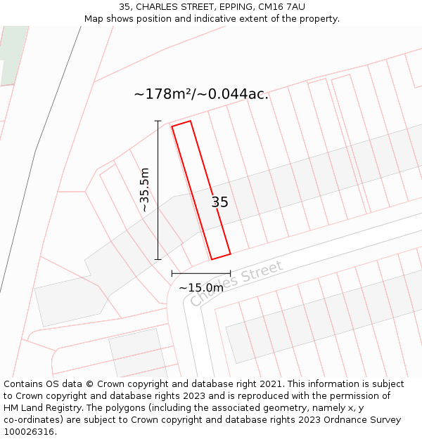35, CHARLES STREET, EPPING, CM16 7AU: Plot and title map